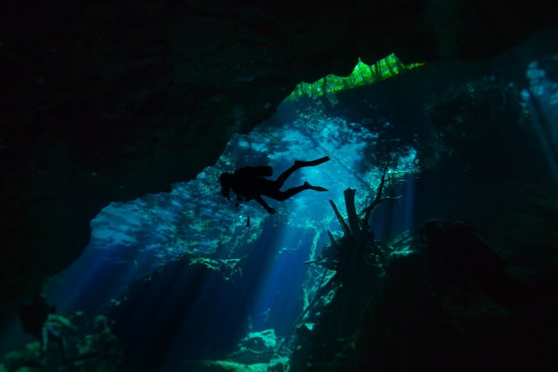 Diving in the cenote underwater cave at the Quintana roo, Mexico